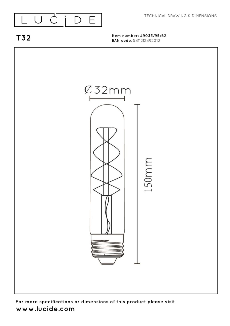 Lucide T32 - Filament bulb - Ø 3 cm - E27 - 1x4,9W 2200K - Amber